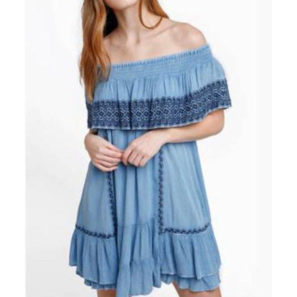 Muche Muchette Off Shoulder Embroidered Blue Dress One Size Ethnic Boho Smocked
